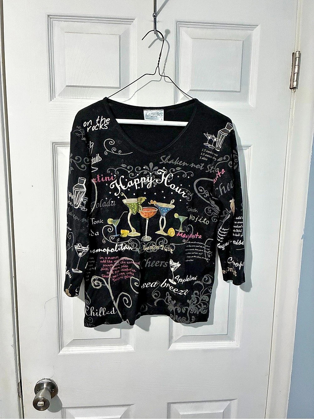 Cactus Bay Abstract Print 3/4 Sleeve Top in Black Size Large